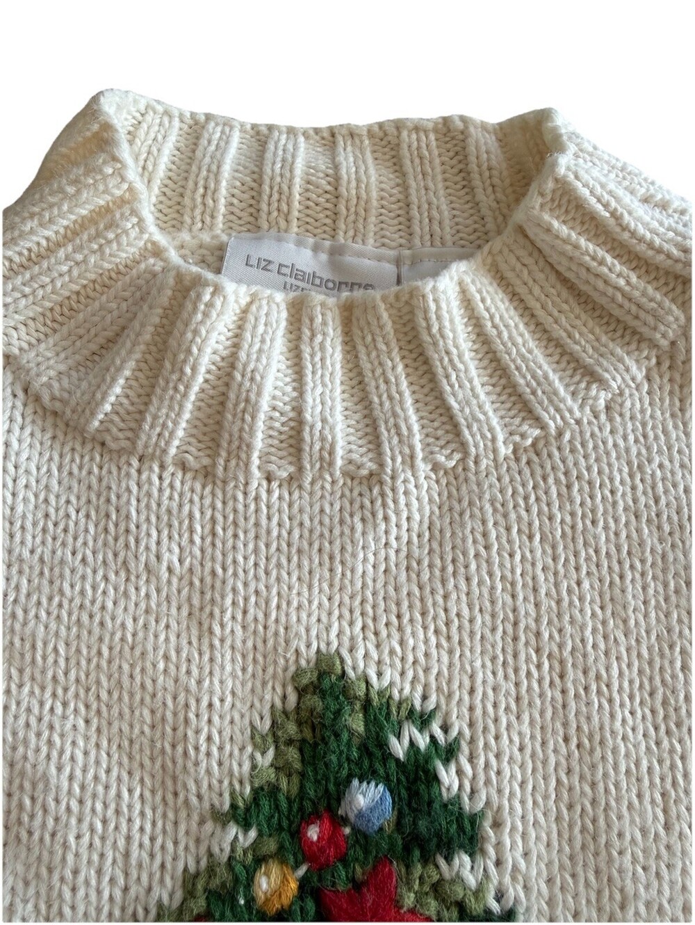 Vintage 1990s Liz Claiborne Christmas Tree Sweater Ivory Mock Neck Large - Picture 4 of 8